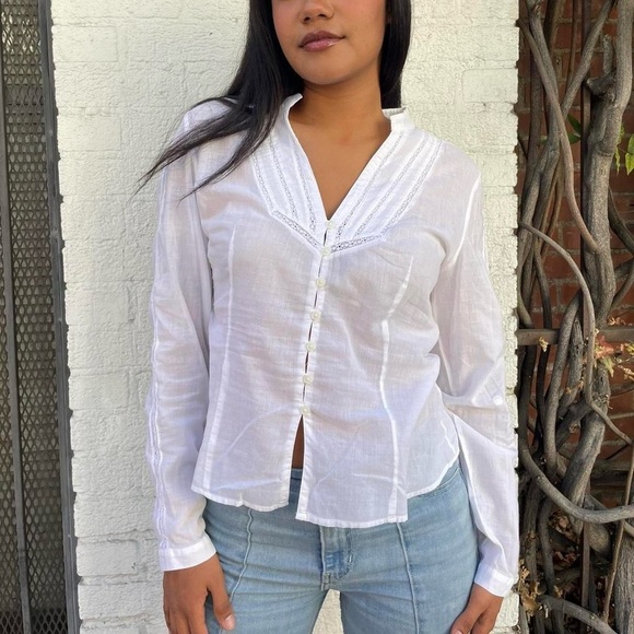 Bohemian White cotton long sleeve button up shirt with lace details size m - Picture 1 of 6